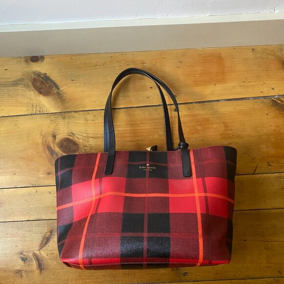Kate Spade Red and Black Plaid Tote Satchel - Picture 2 of 8
